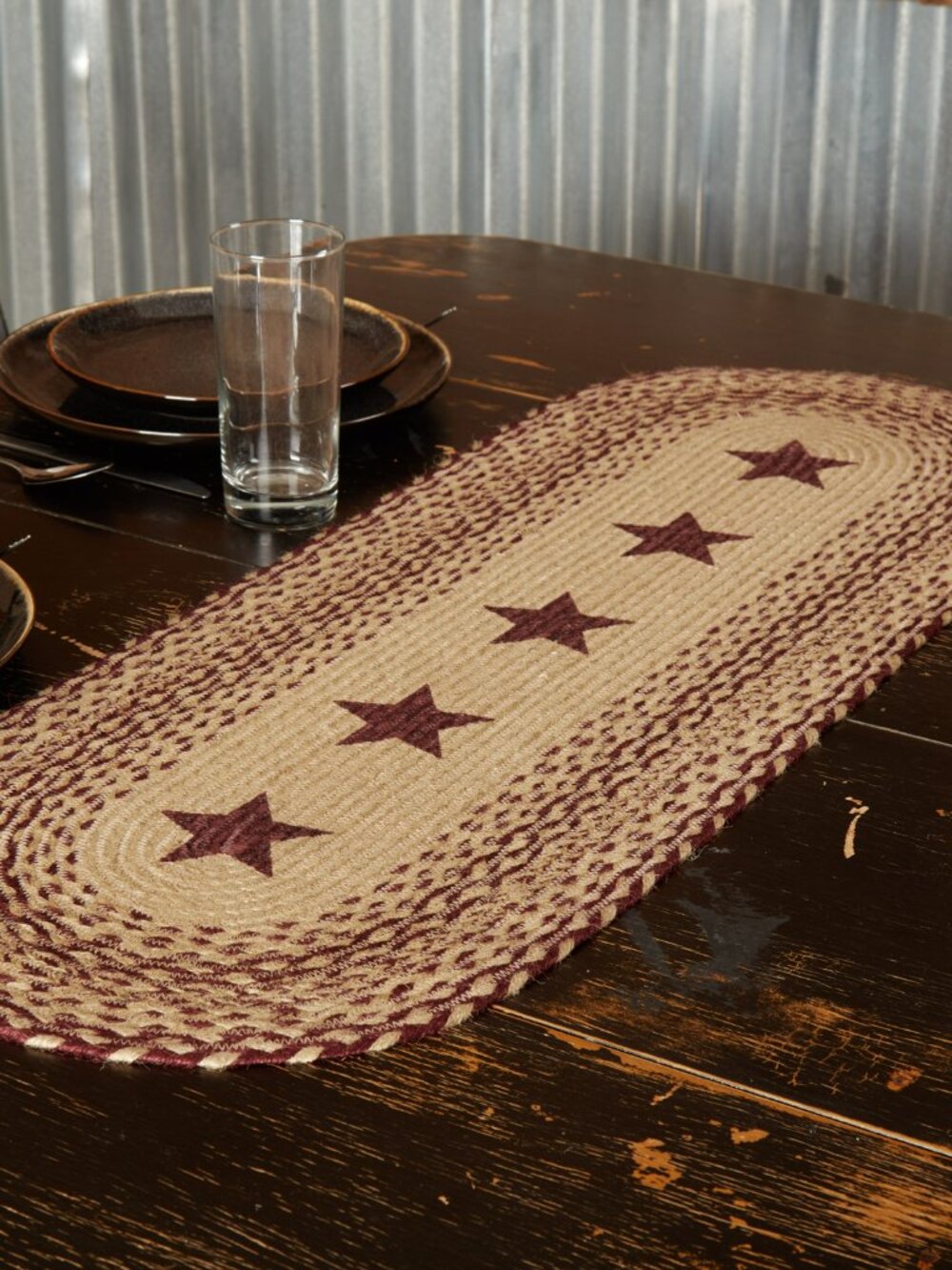 Burgundy Tan Jute Table Runner with Stencil Stars 13x36